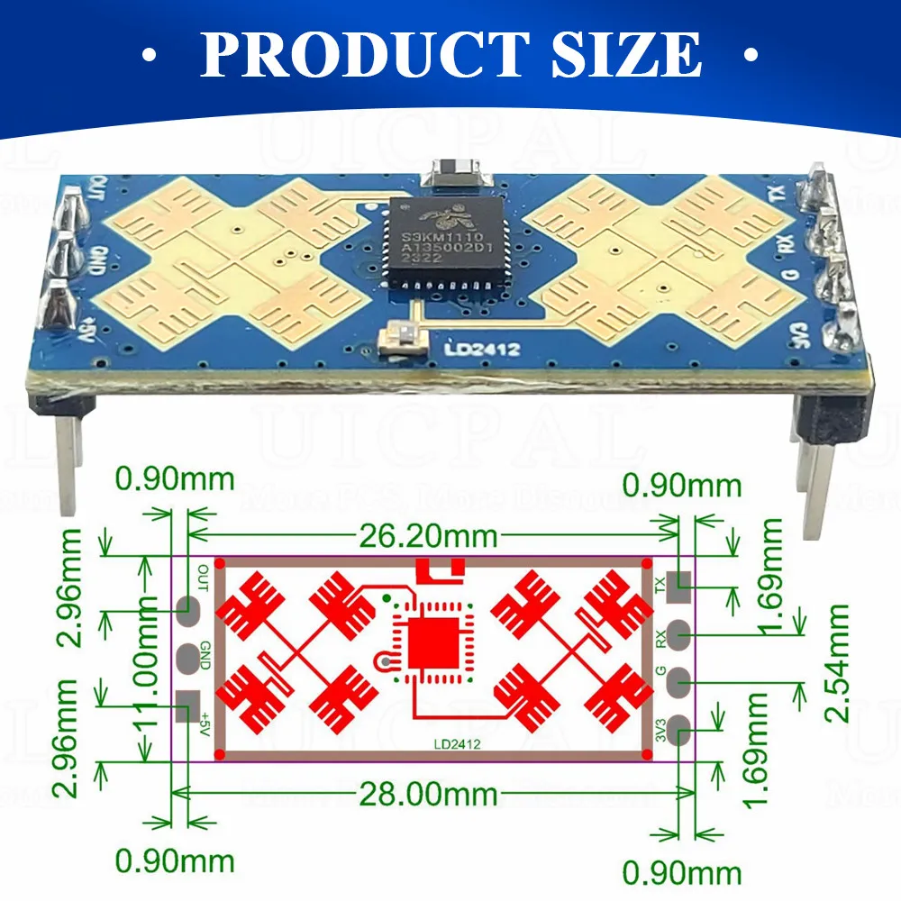 LD2412 Human Presence Sensing Radar Module Sensor 24GHz ISM Frequency Sensitive Body Moving Sensors 9M GPIO UART Output 7PIN