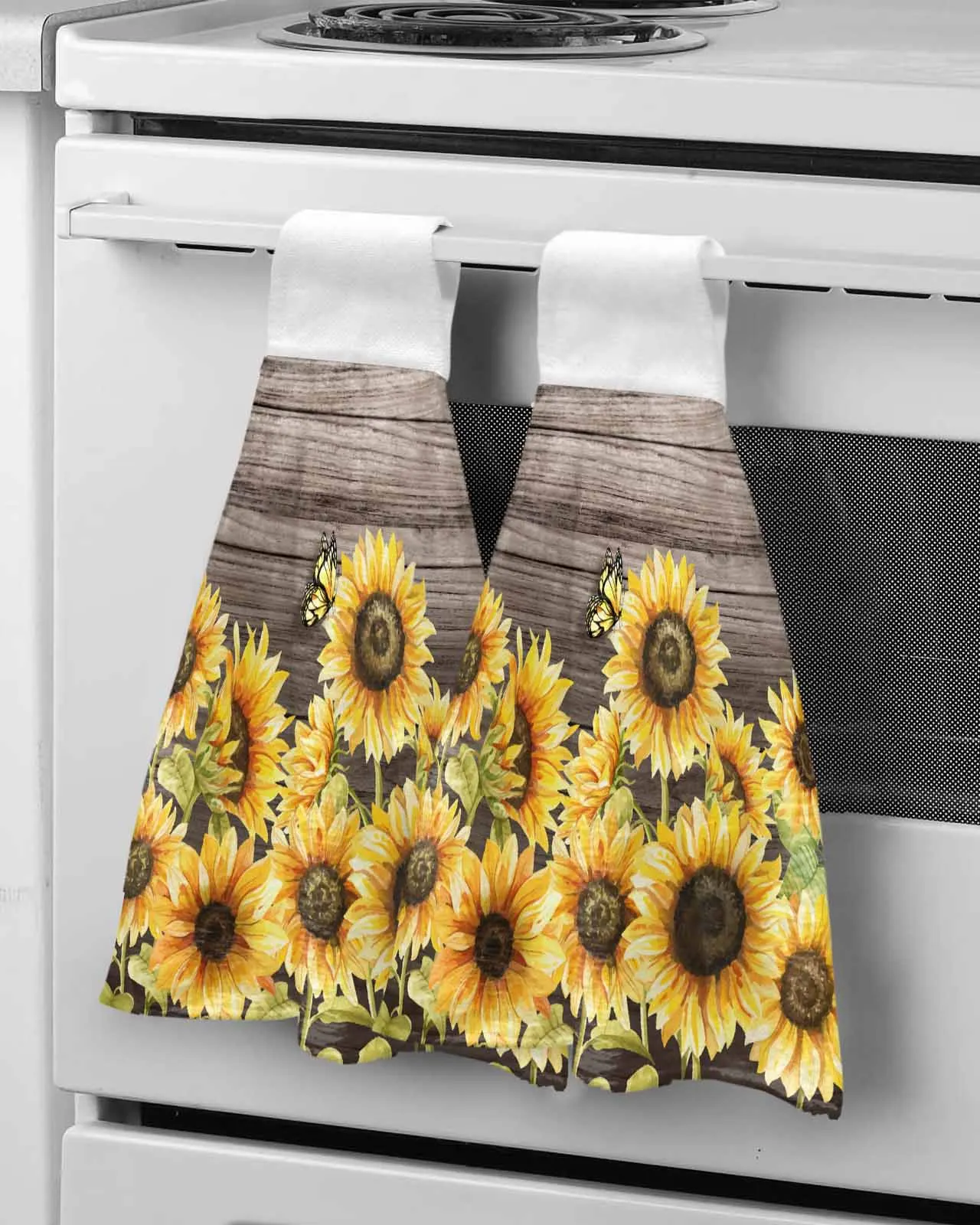 Sunflower Watercolor Butterfly Wooden Board Hand Towels Kitchen Bathroom Hanging Cloth Quick Dry Absorbent Microfiber Towels