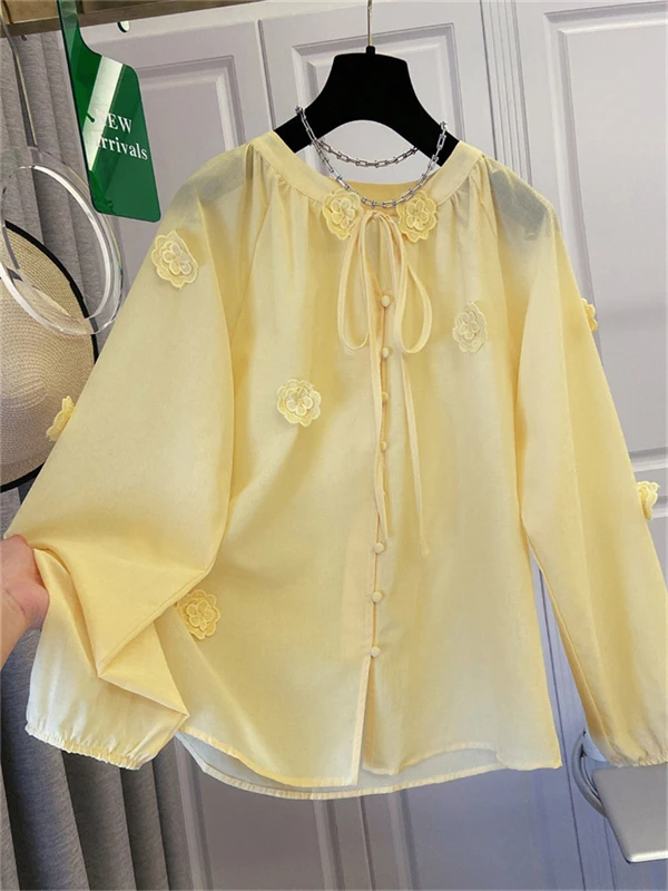 

Thin Yellow Chiffon irt Tee-Dimensional Flower Print Autumn Large Size Women's Faion round Ne Long Sve Casual Top