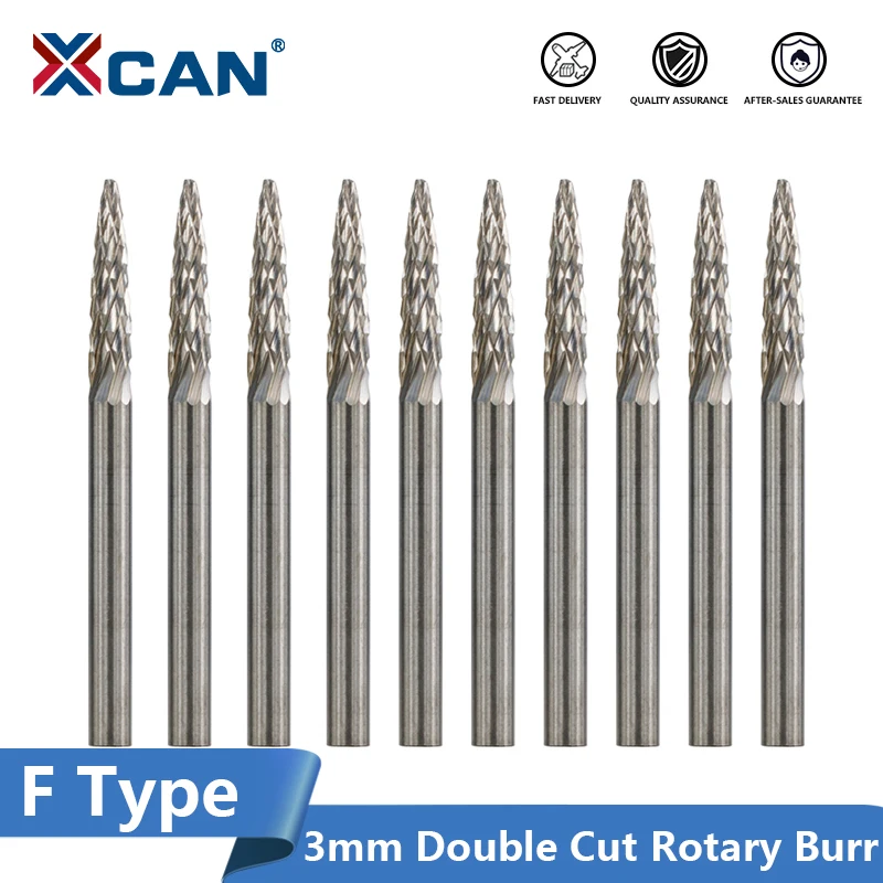 XCAN 10pcs 3mm Shank Double Cut Rotary Burrs for Dremel Rotary Tools F3 Type Carbide Rotary File for Metal Woodworking