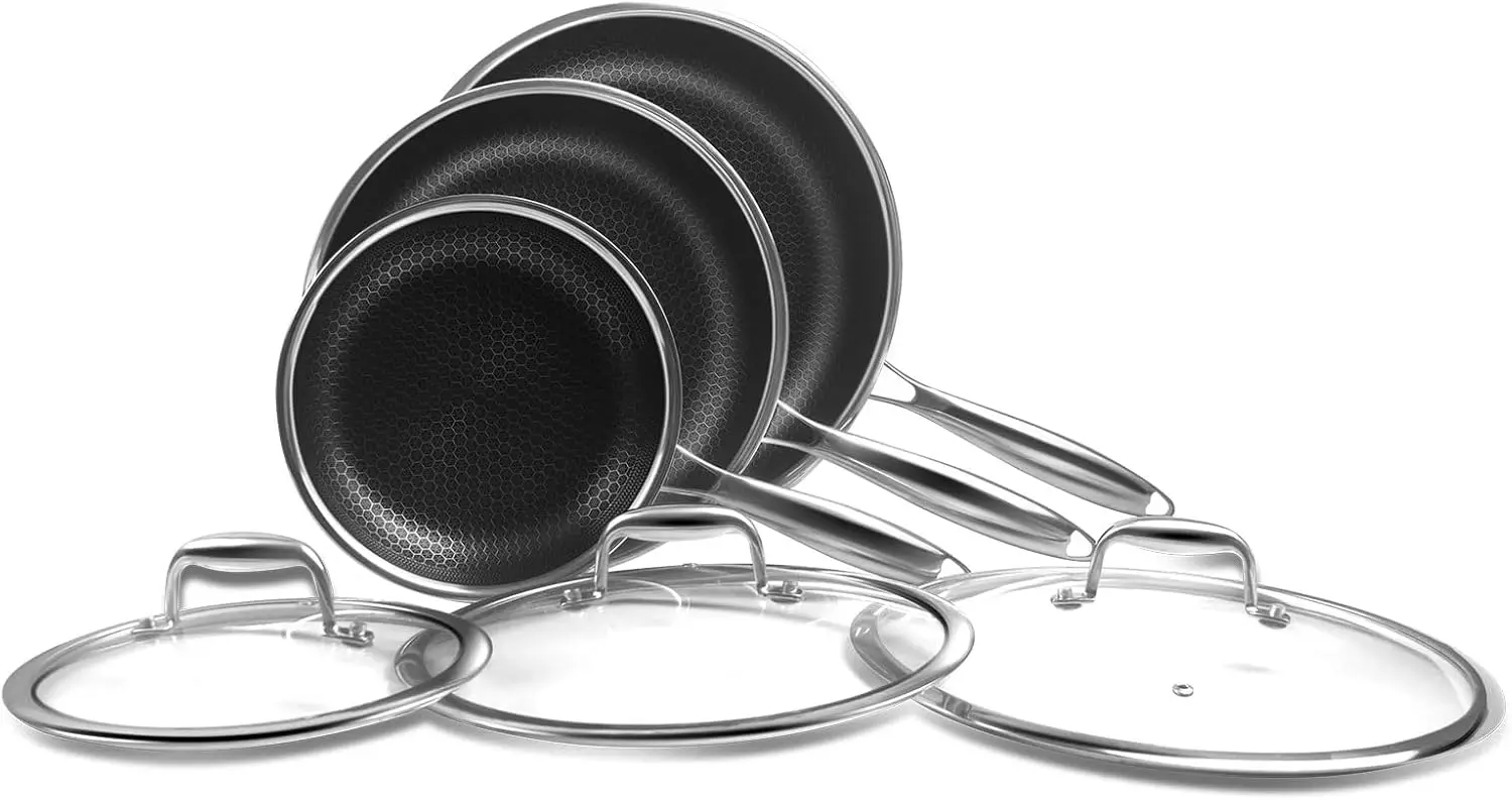 

6-Piece Frying Pan Set, 8, 10 and 12 inch Frying Pans, Hybrid Nonstick 18/10 Stainless Pans with Lid, Even &Fast Heating, Compat