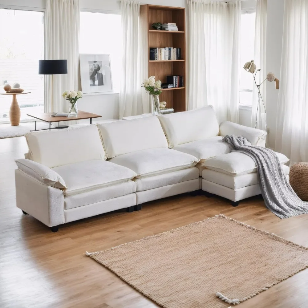 Sectional Sofa Modular Deep Seat Sofa Couch with Ottoman, Chenille Sofa Sleeper Comfy Upholstered Furniture