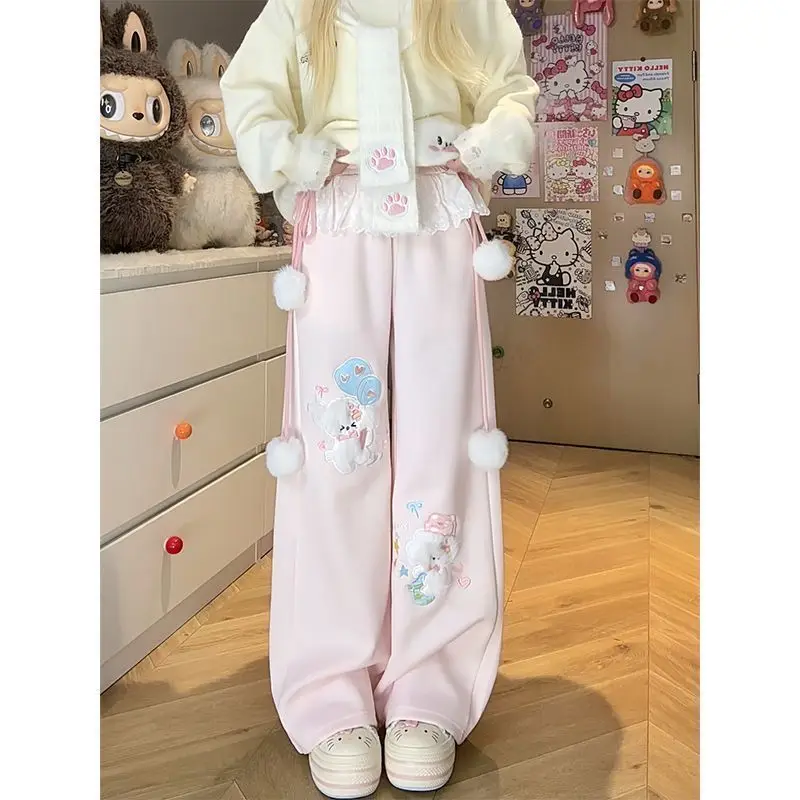 

Gagaok Japanese Hairball Hanging Rope Design Straight Leg Autumn Winter Collection Plush Loose Embroidered Dog Splicing Pants