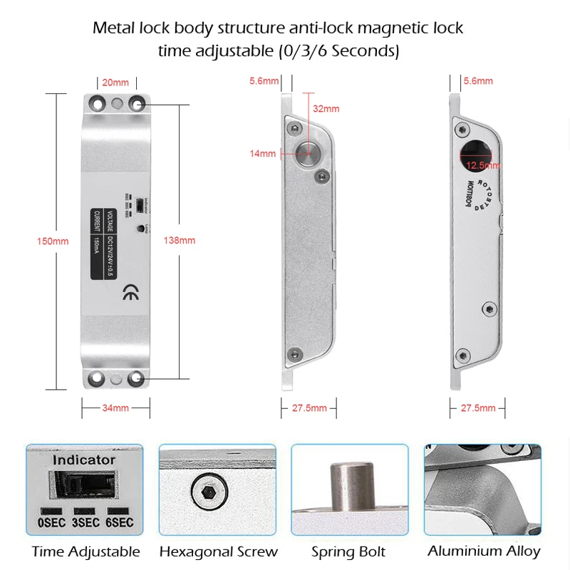 Electric Drop Bolt Lock DC12V Electronic Mortise Locks with Adjustable Time Delay Fail Safe Mode for Access Control