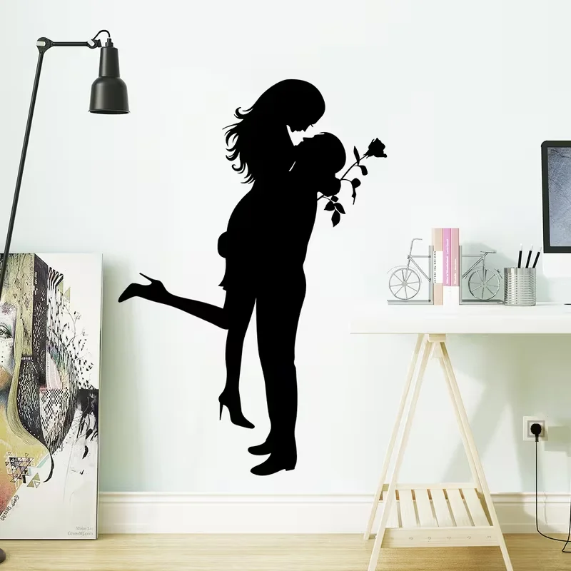1 Set of Romantic Couple Embrace Silhouette Wall Stickers, Rose Proposal Theme Decorative Stickers, Self-Adhesive And Detachable