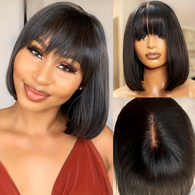 Short Bob Wigs Middle Part 3X1 Lace Wig Bone Straight Human Hair Wigs With Bangs Wig For Women Brazilian Human Hair 100%