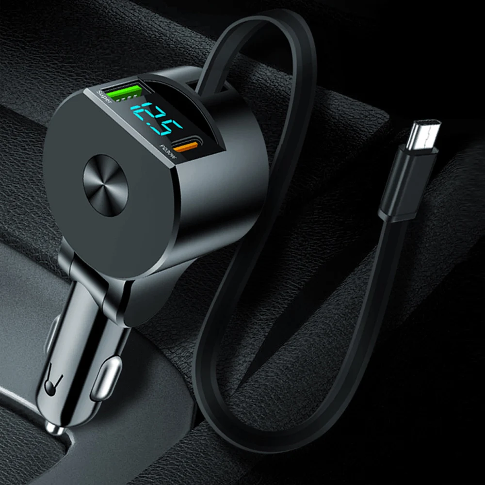 1 قطعة سيارة QC3.0 نوع C PD USB شحن سريع شاحن 3 في 1 قابل للسحب شاشة ديجيتال كشف الجهد محول اكسسوارات السيارات