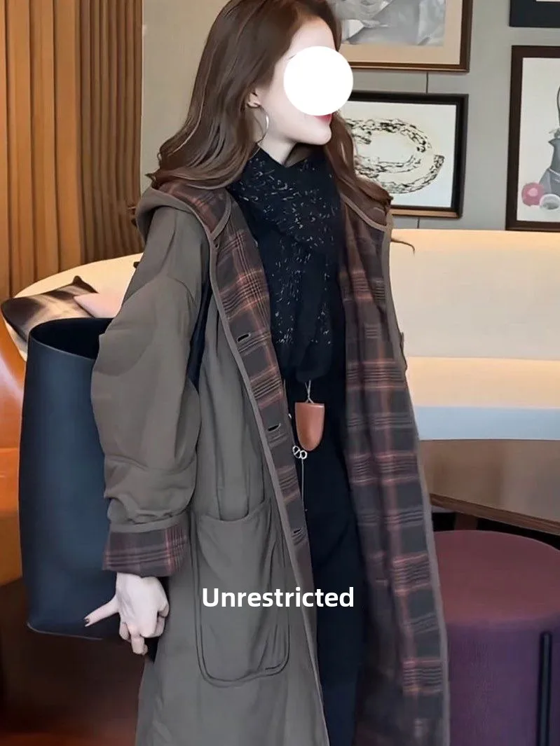 

Double-Sided Wear Loose Korean Sle Hooded Plaid Splicing Women's Mid-Length Slimming Versatile Design Cotton Jaet