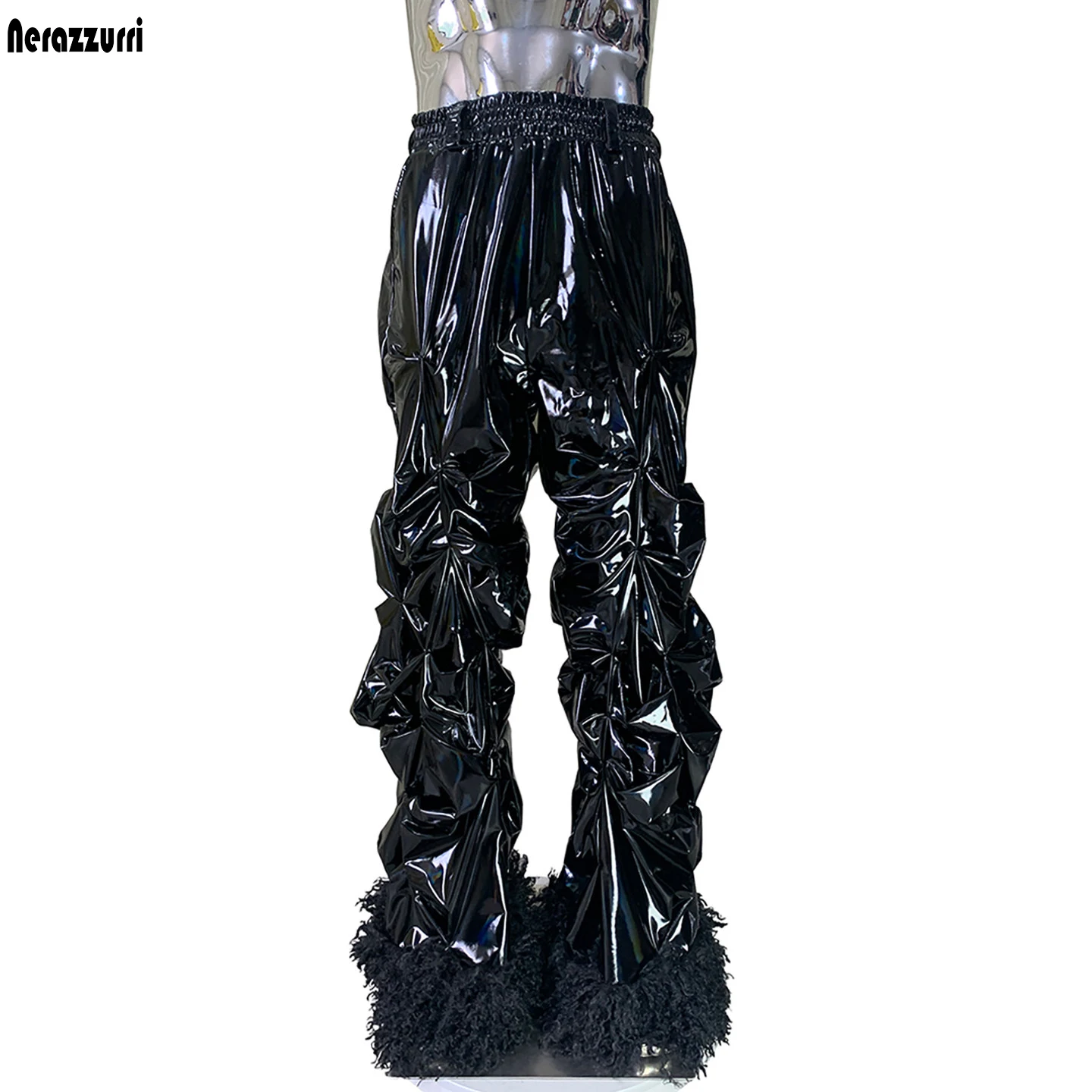 Autumn Long Waterproof Thin Shiny Reflective Holographic Black PVC Leather Stacked Pants Men Y2k Alternative Streetwear Clothes