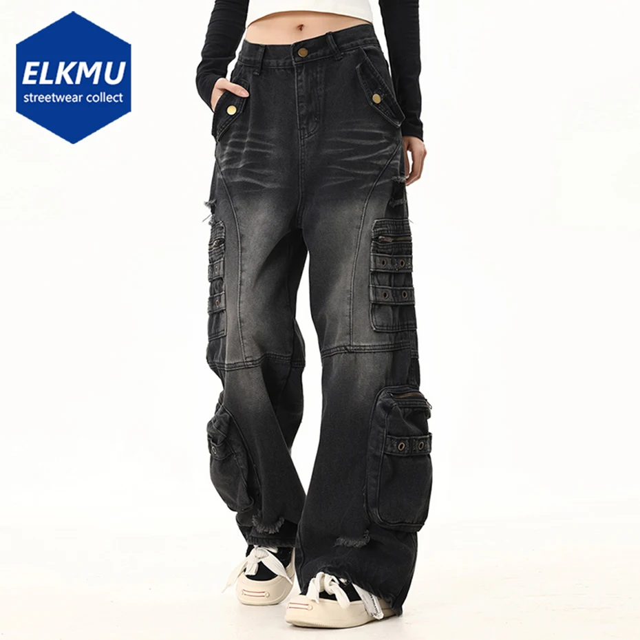 

Vintage Baggy Cargo Jeans Pockets Patchwork Loose Straight Denim Pants Men Retro Black Hip Hop Streetwear Jeans Trousers