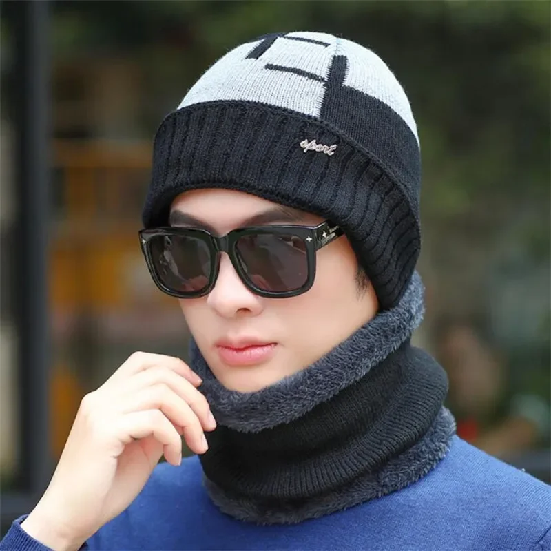 Chapéu de inverno masculino e cachecol homem quente malha chapéu de pelúcia 2 pçs conjunto 2019 masculino retalhos gorros boné com anel cachecóis