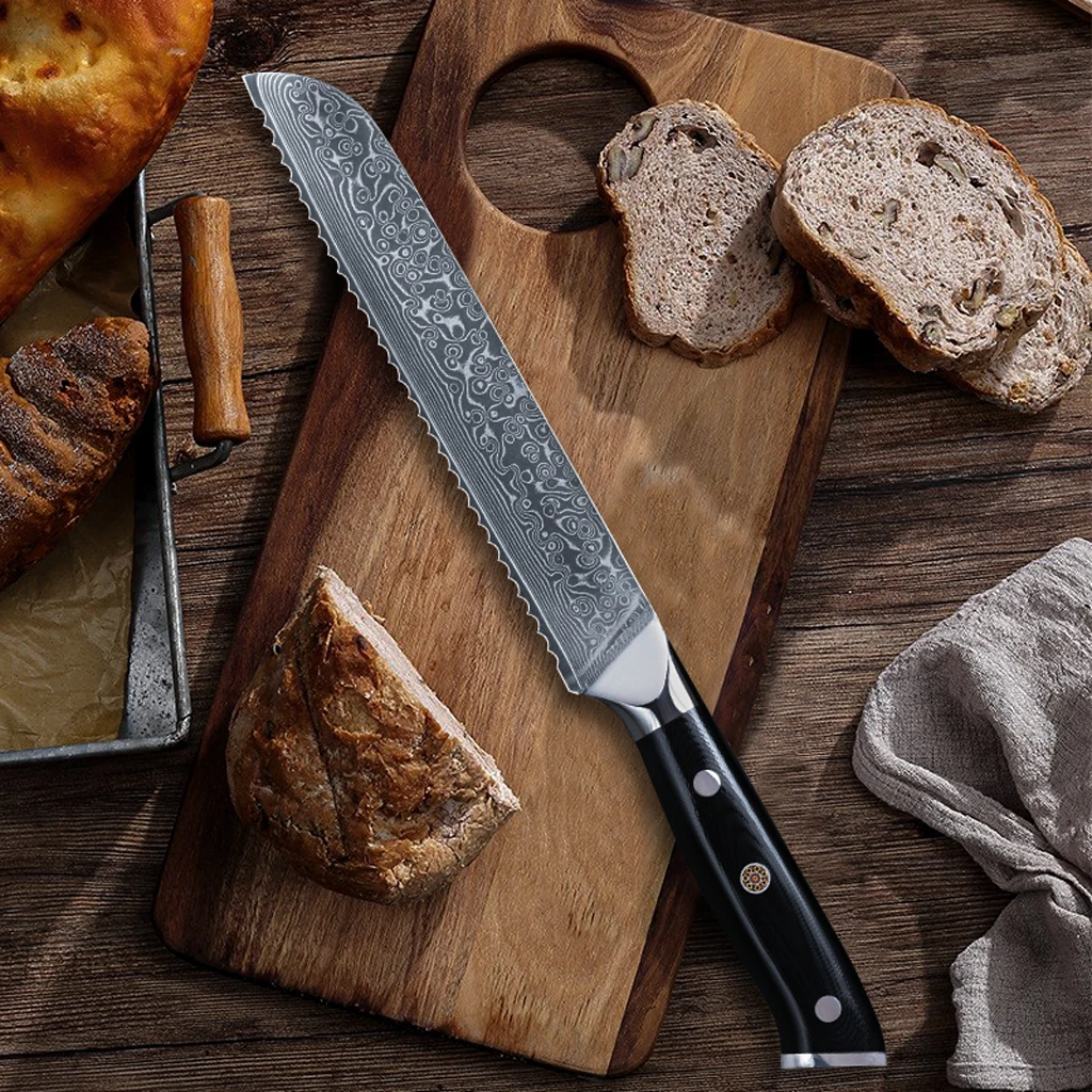 

8 Inches Damascus Bread Knife Cheese Cake Baking Serrated Knives Japanese Kitchen Chef Knives with Abalone Handle