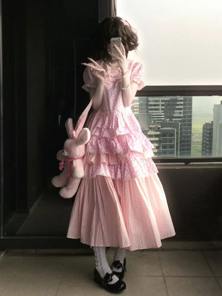 Japanese Lolita Kawaii 2000s 2 Piece Skirt Sets Sweet Lace Short Sleeve Blouse + Slim Cake Long Skirt Y2k Harajuku Vintage Suits