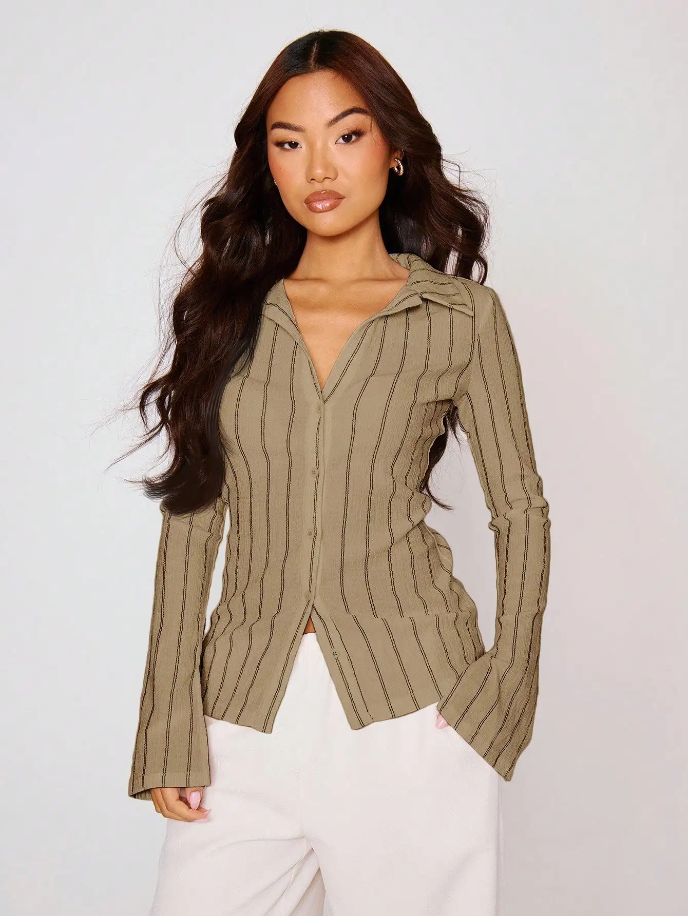 

Fitted Striped Long Sleeve Button Up Shirt with Flare Sleeves, Elegant Casual Top for Work or Party