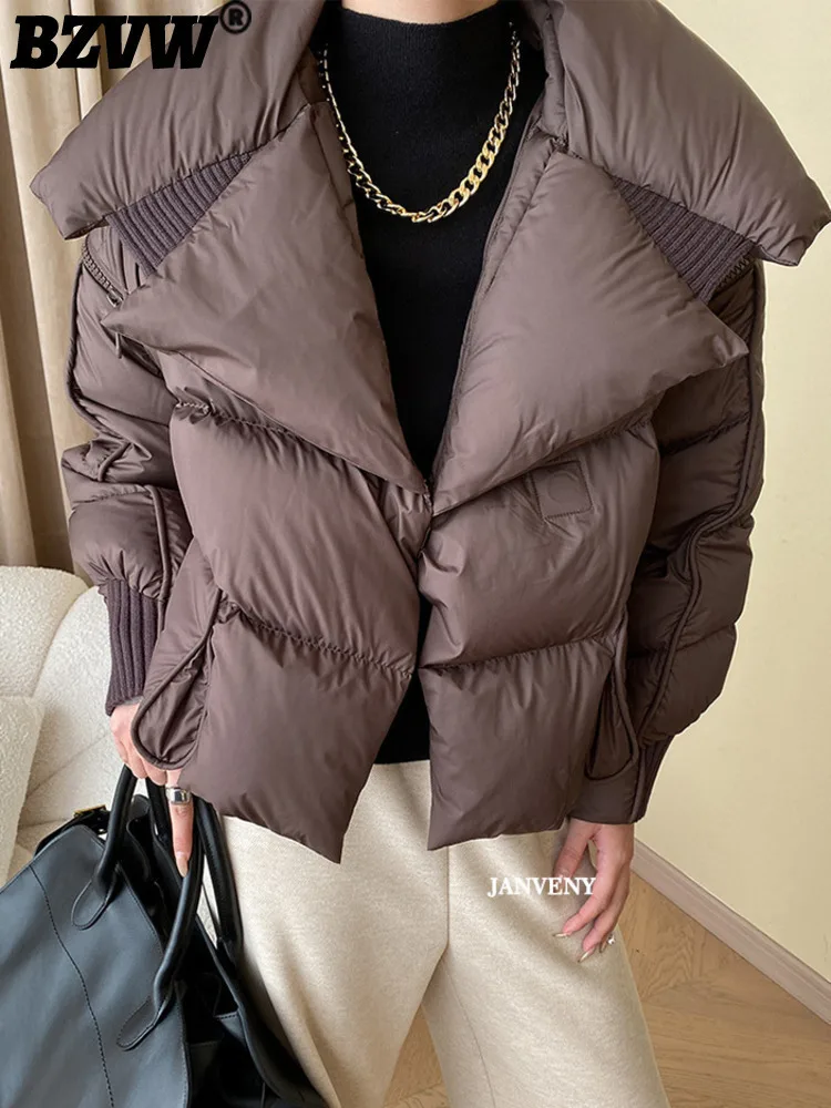 BZVW 2024 Winter New Knited Spliced Cotton Padded Coat Women's Lapel Long Sleeves Thicked Duck Down Short Coat Female 25Z1749