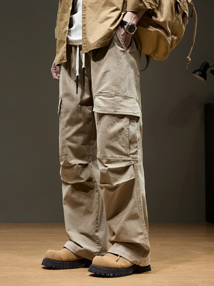 Celana Katun 100% Pria 2025 Celana Olahraga Serut Kasual Longgar Baru Musim Gugur Celana Lebar Lurus Pemuda Saku Besar Mode
