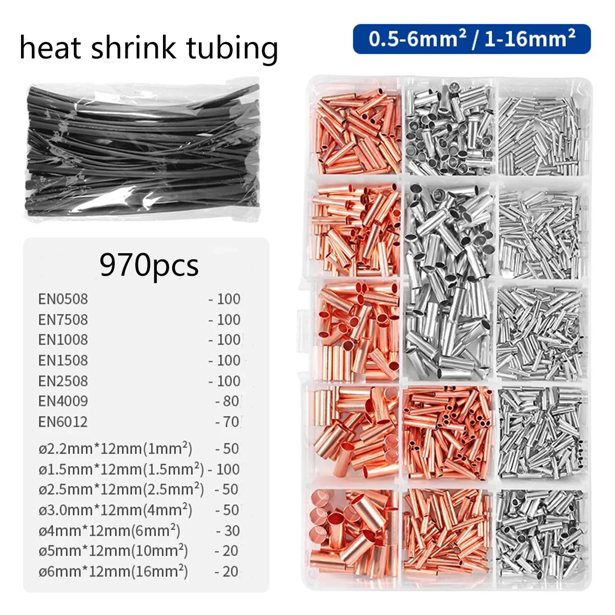 970 Copper Tube Terminal Cable Lug Bootlace Ferrule Kit with Heat Shrink Tube Crimping Plier Copper Connecting Pipe Wire Joint