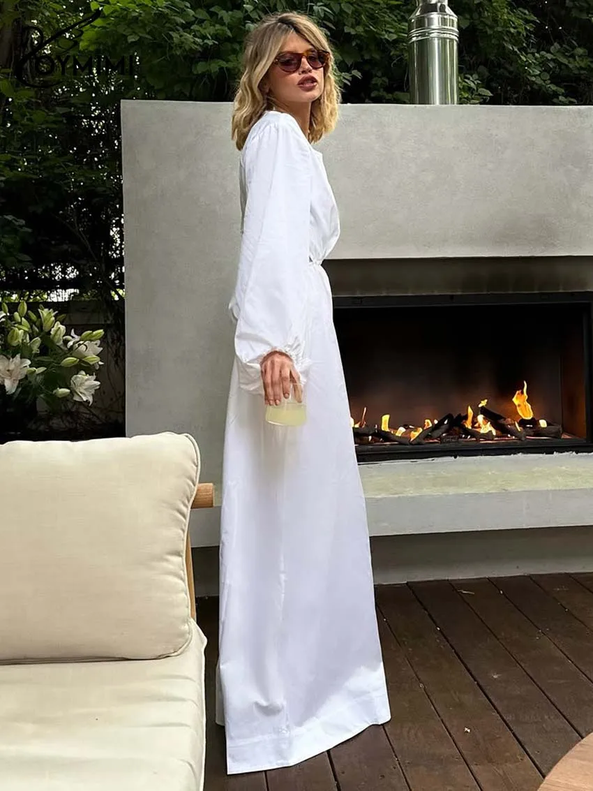 ชุดเดรสผู้หญิงสีขาวทรงหลวม ดีไซน์หรูหรา คอทรงโอ แขนยาว แต่งลายฉลุ  ช่วงฤดูใบไม้ร่วง  แบบมีซิป ยาวกรอมพื้น