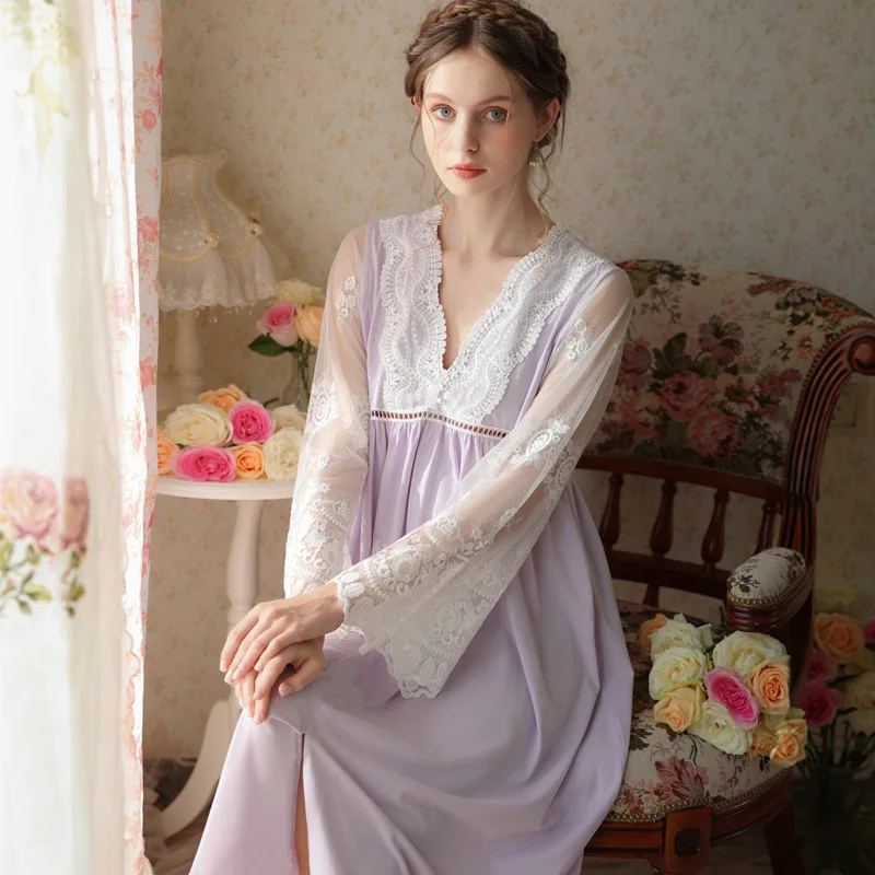 Embroidered Lace Cotton Night Dress Women Long Sleeve Fairy Sexy Peignoir Vintage Nighty Victorian Nightgowns Princess Sleepwear