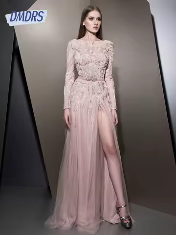 Elegant Boat Neck A Line Women Embroidery Evening Dress Pink Beaded Party Prom Dress Customized Fashionable Cocktail Gown