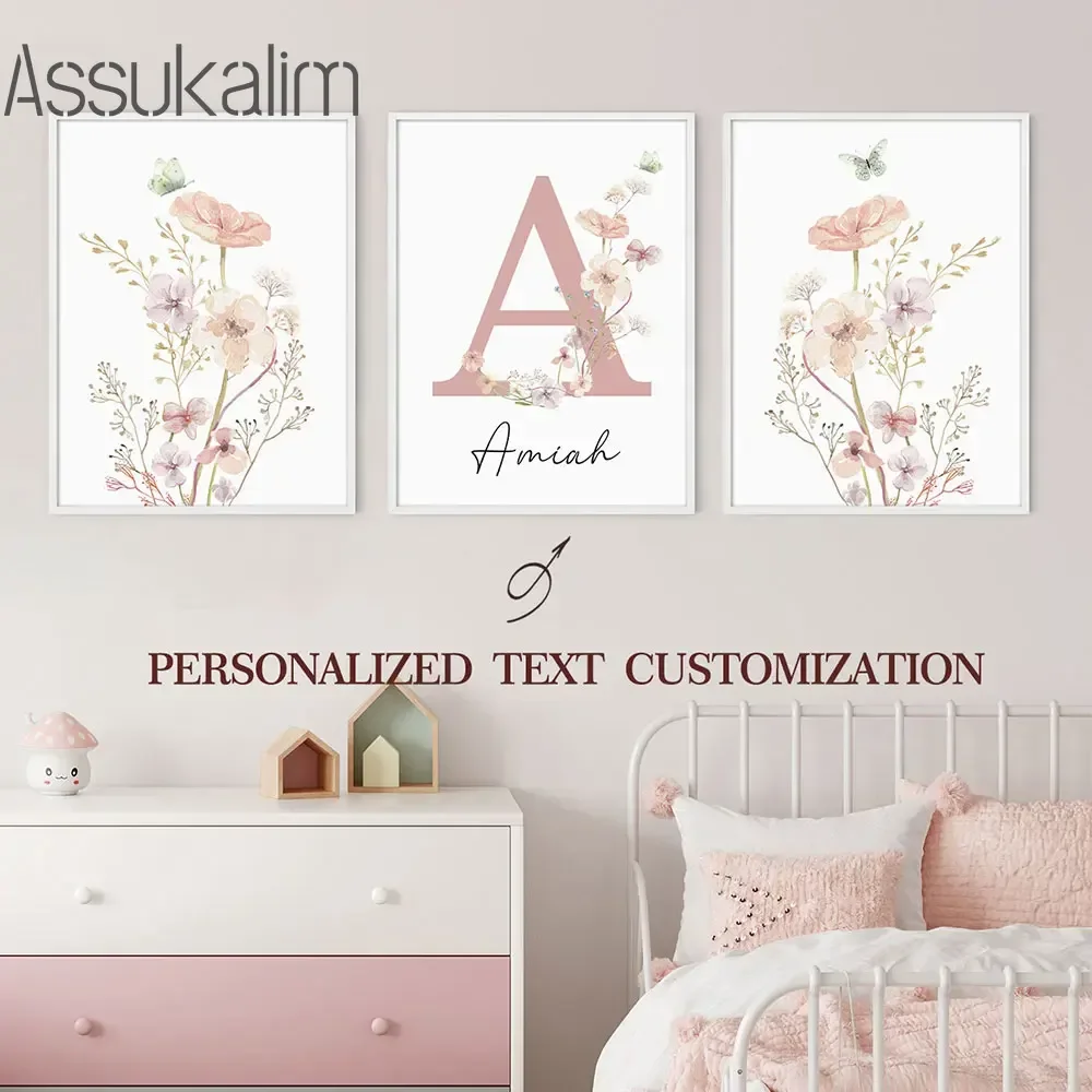 Personalized Name Custom Art Pink Flowers Canvas Picture Dopamine Picture  Kindergarten Decor Poster Girl Bedroom Decor No Frame