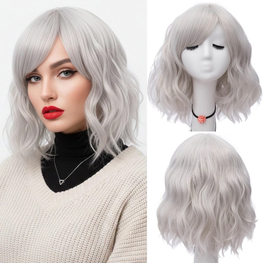 Women's Gray Short Fluffy Waves Synthetic Wig Heat Resistant for Anime Game Cosplay Daily Party