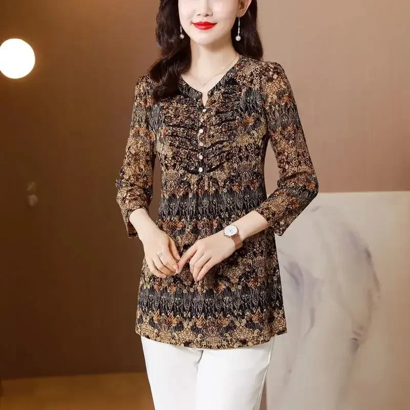 

Элегантные винтажные женские рубашки миди с цветочным принтом, весна-лето, новая шикарная корейская женская одежда, пуловеры с рукавами 3/4 и v-образным вырезом, блузки