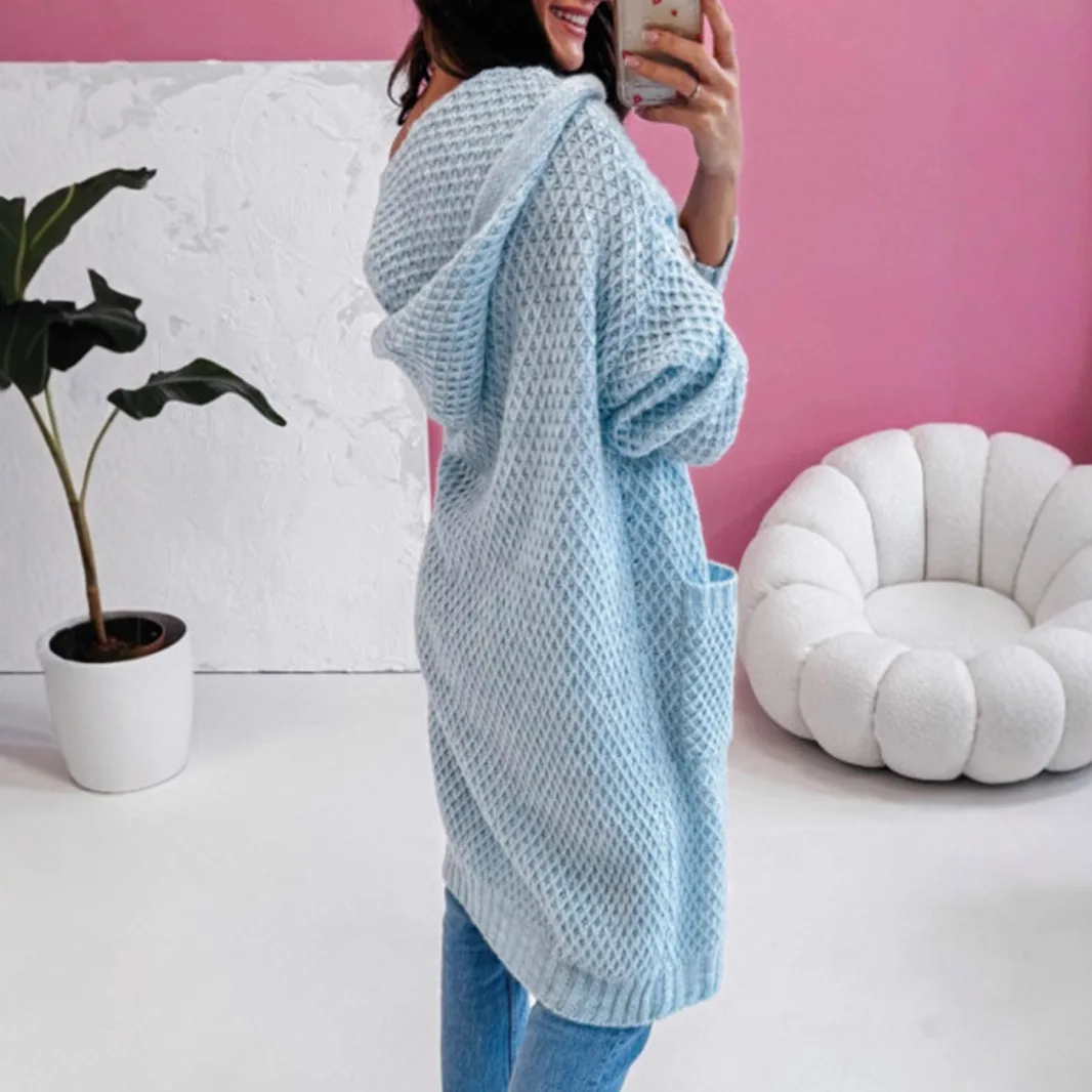 Amazon sweater women's 2025 autumn and winter hooded long pocket European and American cross-border knitted cardigan jacket