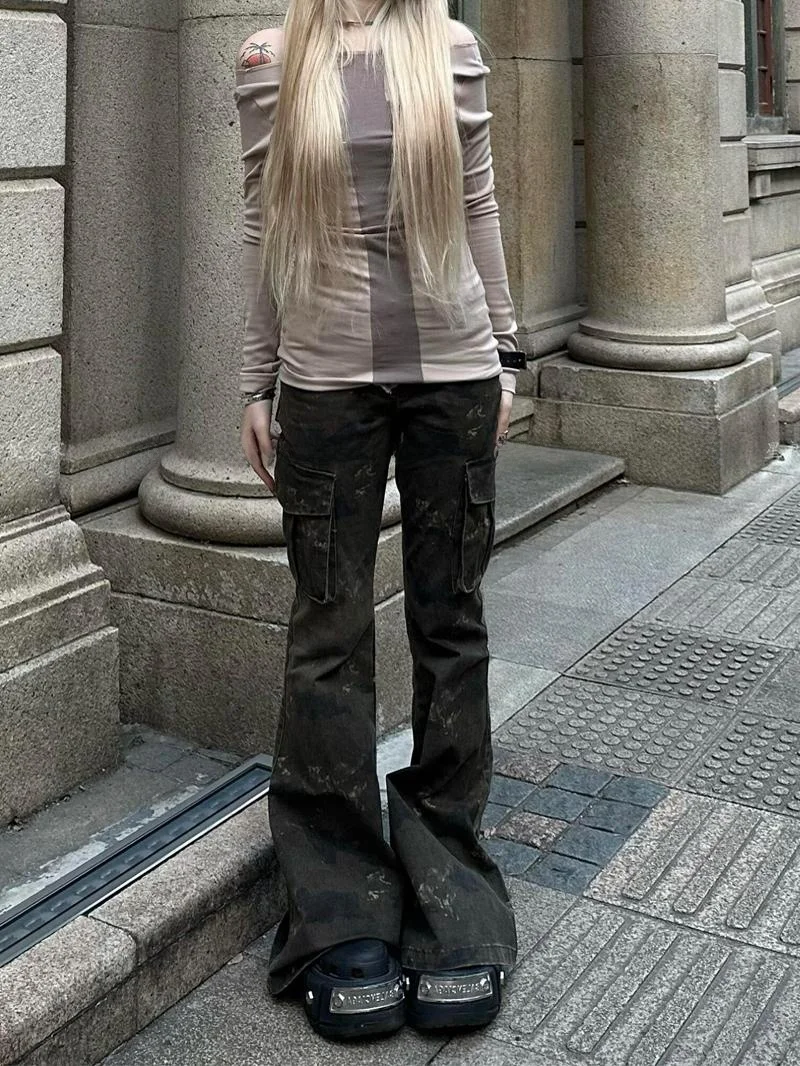 

Камуфляжные рабочие брюки в американском стиле ретро, женские длинные брюки с высокой талией и расклешенными штанинами, с эффектом похудения, летние, для модных девушек