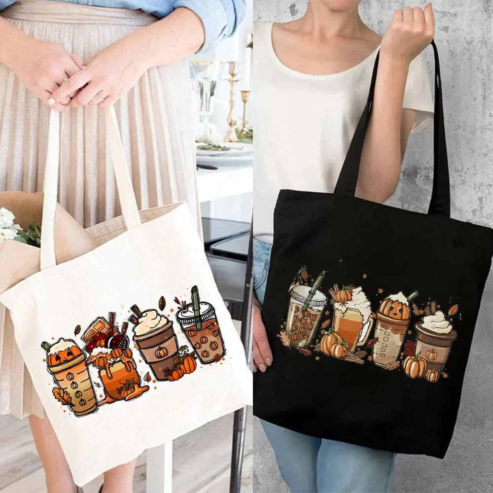 Halloween Pumpkin Latte Drink Cup Print Canvas Tote Shopping Bag Cute Coffee Lover Shopper Pumpkin SpiceThanksgiving Gift Bolsas