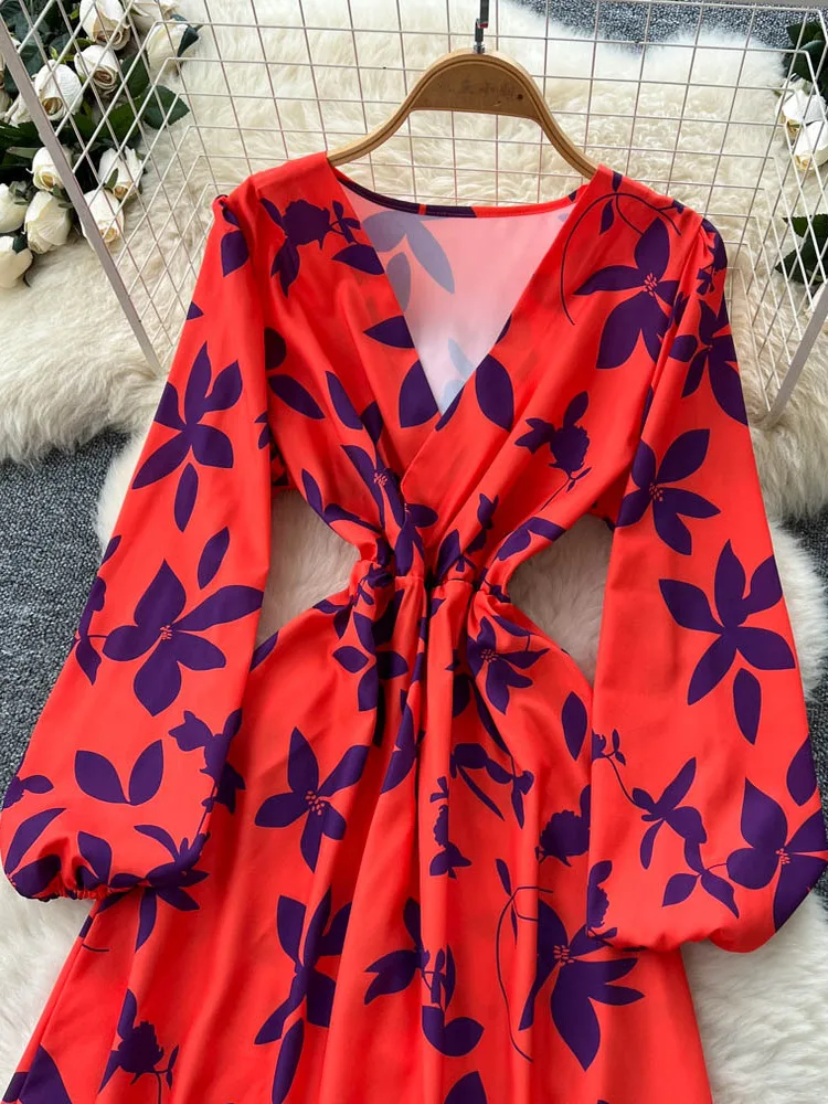 Faionable Vaion Dr Women's High Waist A-Line Printed Gown V-Ne Cross Design Slimming Split Long Sve Commute Ready