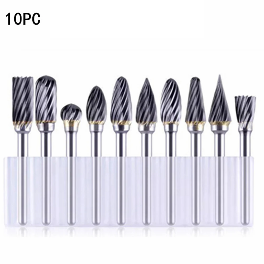 10PCS Rotary Tool Carbide Burr Set with 18 Shank Die Grinder Bits Kit for Detailed Carving Grinding Polishing Metal Wood Plastic