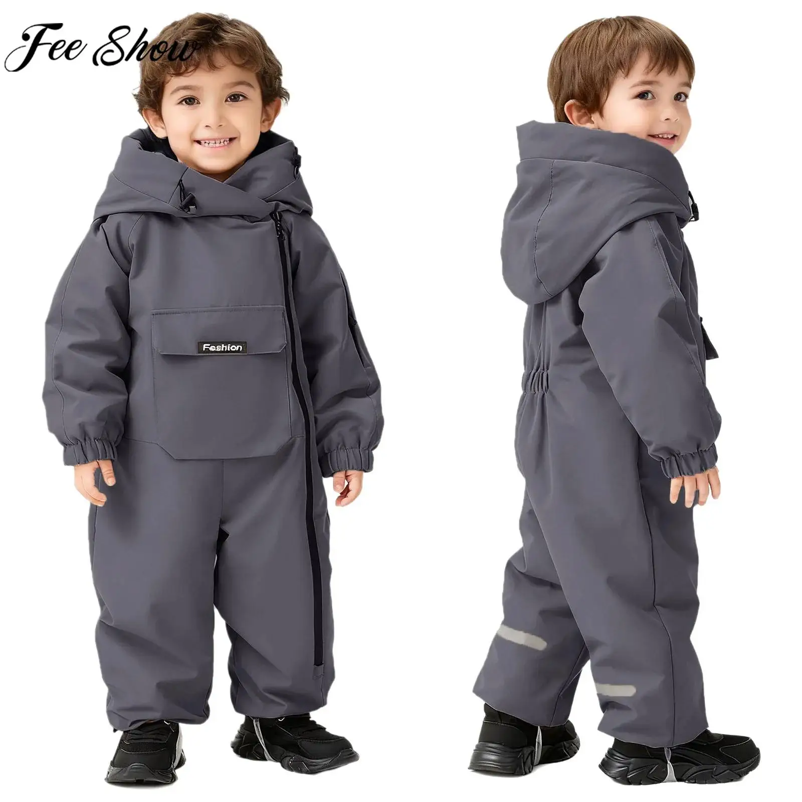 Toddler Winter Snowsuit Skisuit Thick Fleece-Lined Warm Hooded Jumpsuit Long Sleeve Zipper Windproof Waterproof Padded Romper