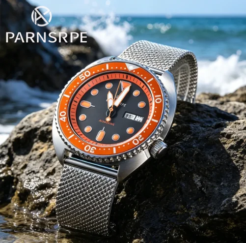 

PARNSRPE Diver Men's Watch Orange Dial Sapphire Glass Japanese NH36 movement Automatic Movement Day Date Indicator 09