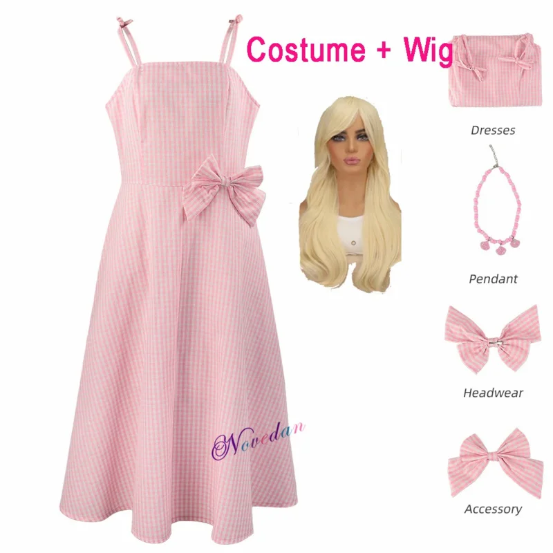 أزياء باربي لفيلم 2023 للنساء والأطفال والبنات فستان منقوش للأميرة الوردية ملابس مارجوت روبي التأثيرية أزياء حفلات الهالوين