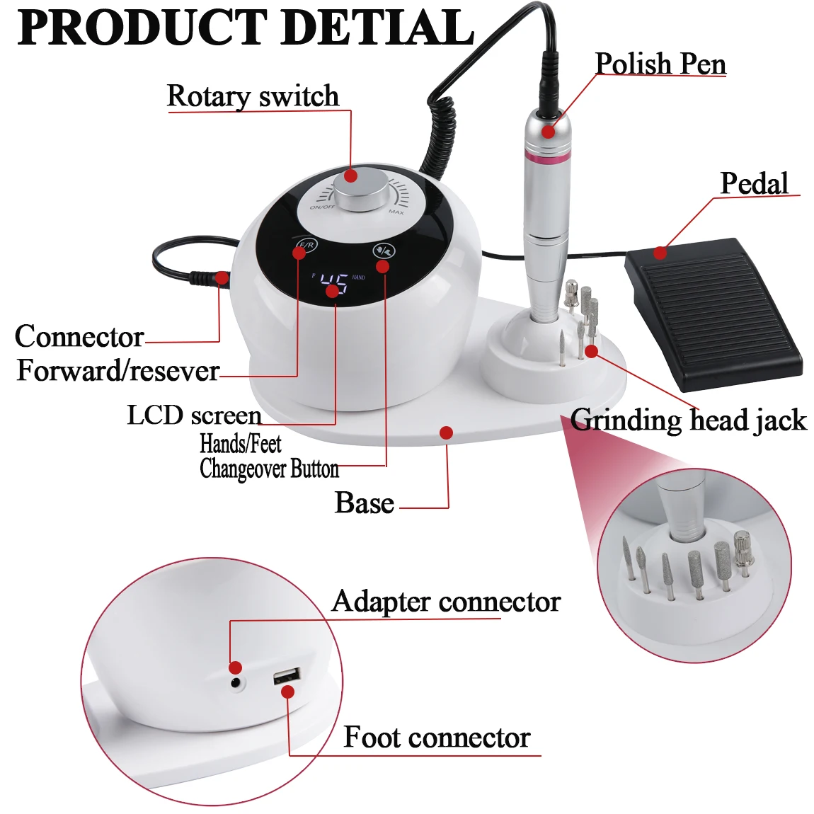 Taladro eléctrico para uñas de 45000 RPM, lima eléctrica con pantalla HD, pluma de manicura de Metal, lijadora de torno profesional para uñas