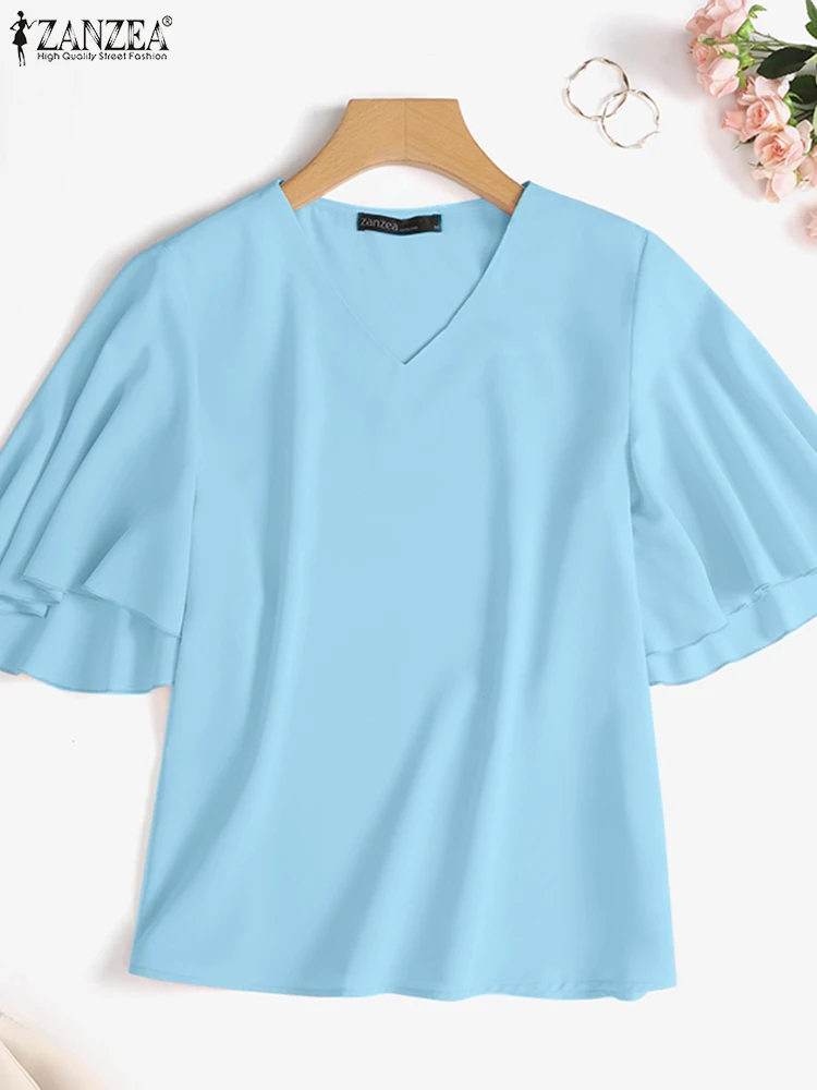 

ZANZEA Women Summer Blouse Elegant Short Sleeve Office Shirt V Neck Blusas Tunic Ruffles Chemise 2025 Fashion Solid OL Work Tops