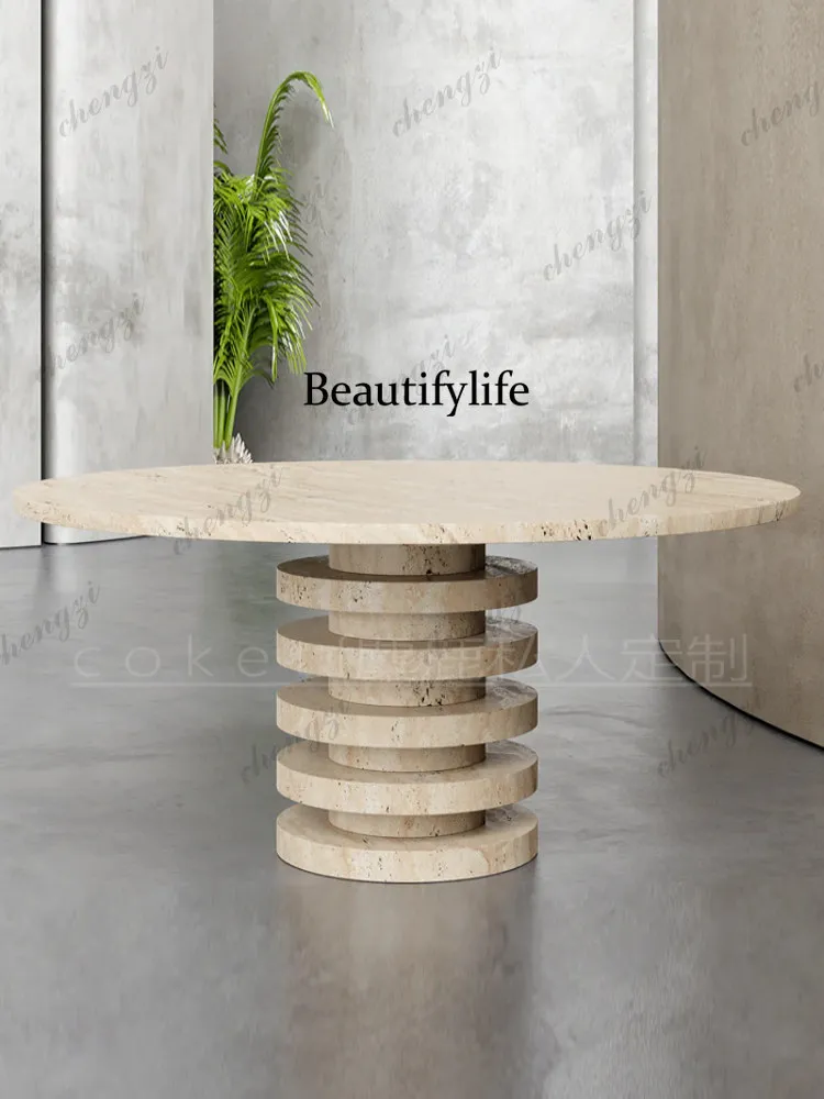 Light luxury high-end natural marble travertine dining table, villa high-end round dining table