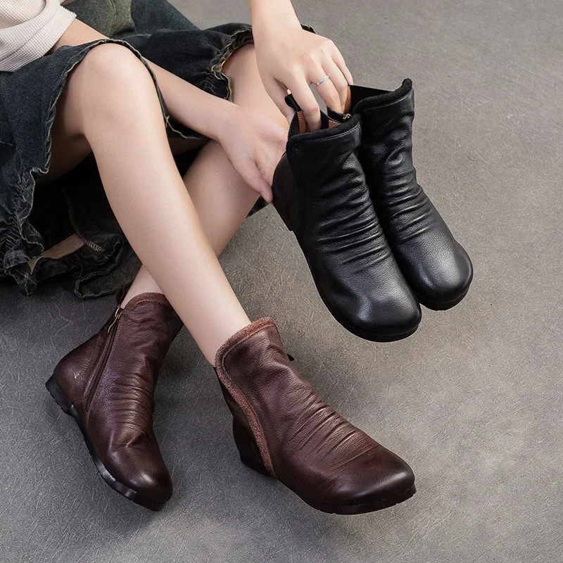 Koznoy 1,5 cm Kuh Echt leder ethnische Wohnungen Frühling klobige Absätze Frauen Wohnungen Stiefeletten Herbst Damen Mode Reiß verschluss Schuhe