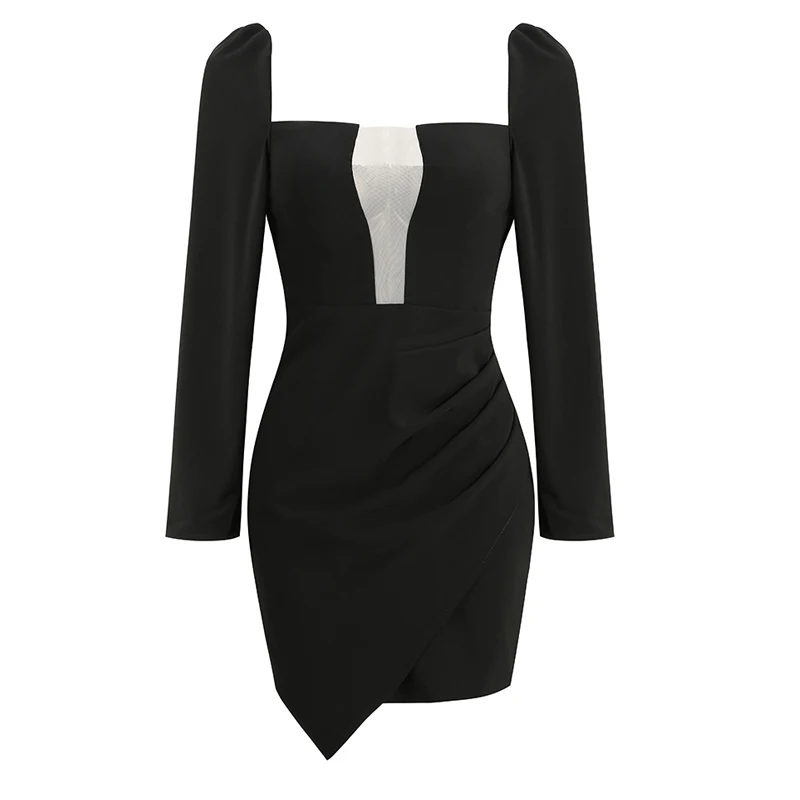فستان قصير أسود مثير جديد مع رقبة مربعة وفتحة أمامية - أكمام طويلة منتفخة، فستان حفلات الخريف بحاشية غير منتظمة