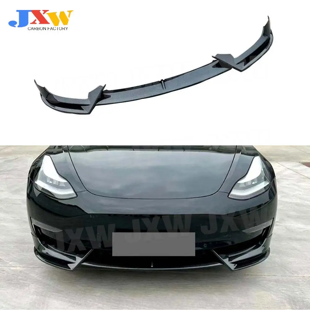 

3Pcs/Set ABS Carbon Look Front Bumper Lip Spoiler Trim for Tesla Model 3 2017 + Gloss Black Car Bodykits Styling