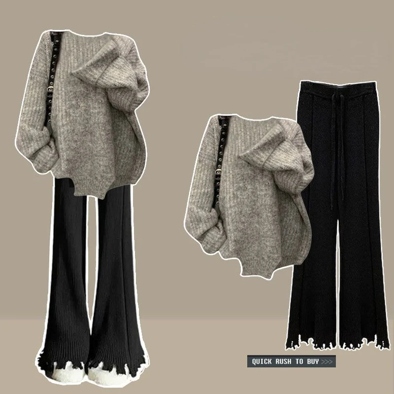 

Women 2023 New Spring Autumn Korean Fashion Chic Casual Solid Pullover Sweater + High Waist Flare Trousers Clothes X65