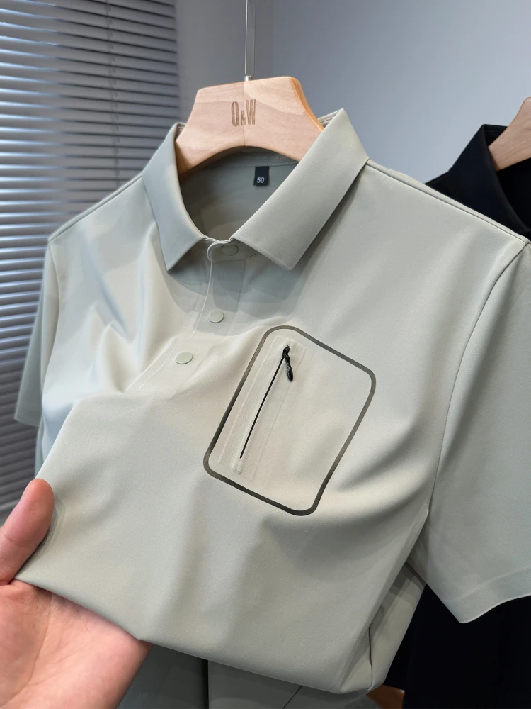 

New Ice Silk Polo Shirt for Men with Real Pocket Summer Short Sleeve Shirt Collar Casual Sporty Solid Color high quality T-Shirt