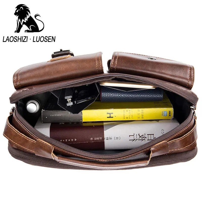 LAOSHIZI-maletín Vintage de cuero genuino para hombre, bolso de hombro de piel de vaca suave, bolso de mano informal de negocios