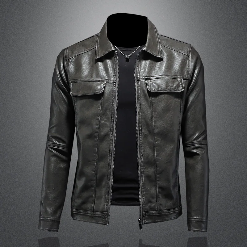 Men's Jacket Spring and Autumn Handsome Solid Color Collar Motorcycle Leather Coat Slim Fashion Leather Jacket M-5XL