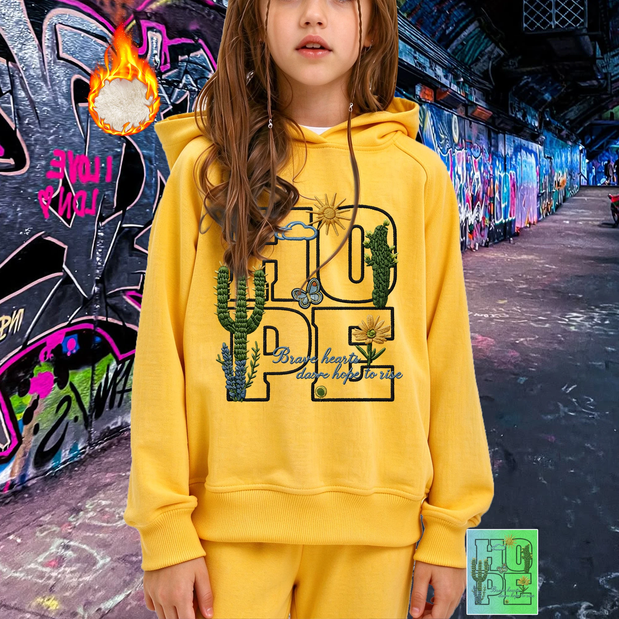 Hope Cactus Printed Girls Hoodie 3-14Y Kids Casual Iron-on Graphic Hooded Sweatshirt For School Daily Outdoor Wear