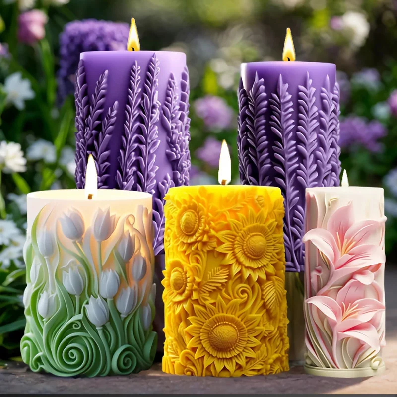 DIY Blossoming Flower Cylindrical Candle Silicone Mold Sunflower Cylindrical Candle Mold Carving Pattern Wave Candle Mold