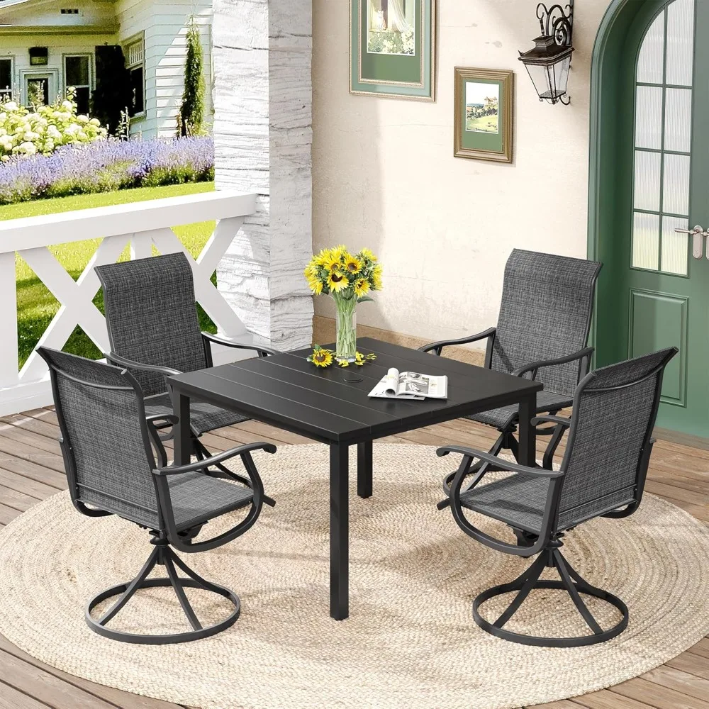 

Patio Table and Chairs Set for 4, 5 Piece Outdoor Dining Set, 40.2" Black Square Metal Dining Table with Umbrella, Customized