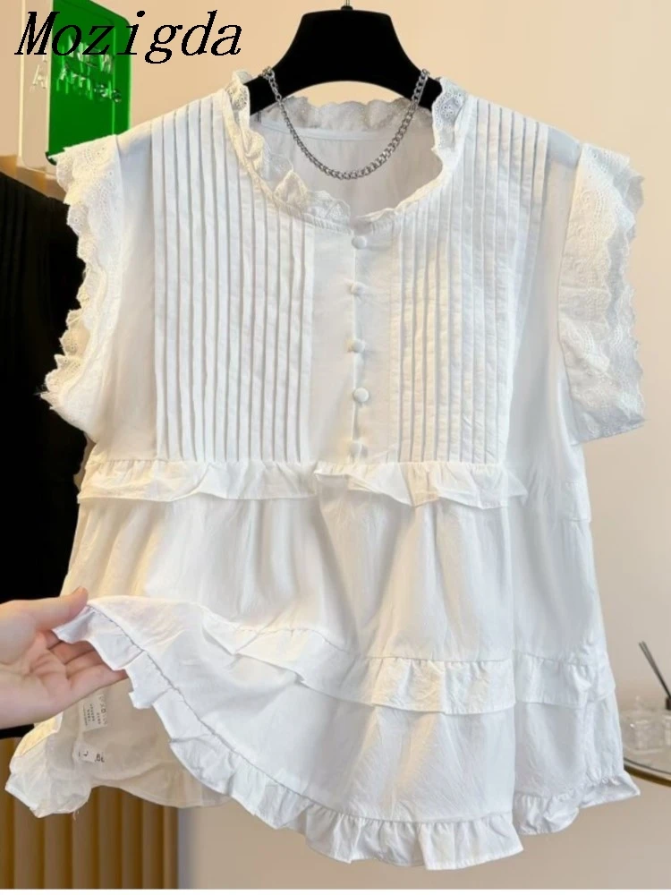 

Large size heavy industry lace pleated cotton shirt women summer ruffle collar design niche stylish anti-aging Ladies tops
