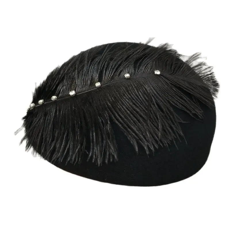 

Women Vintage Beret Hat Decorate Winter Hat Ladies Fedoras Socialite Black Pearls Feather Wool Felt Fascinator Pillbox Tilt Hat